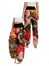 billiga Grafisk linnebyxa i bomull-Dam Linneinspirerade byxor Brett skaft Byxor Etnisk Stil Ledigt Boho Fullängd Hög midja Blommig Ficka Elastisk midja Tryck Mateial som andas Mjuk Microelastisk Utomhus Yoga Röd Blå Grön Sommar Normal