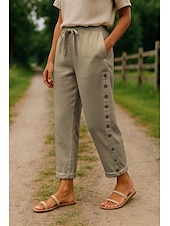 abordables Pantalon uni en coton et lin-Femmes Pantalon en coton et lin Confort Longueur complète Taille haute Uni Avec Poches Ceinture Élastique Confortable Extérieur Rue Tenue quotidienne Sortir Noir Blanche Bleu Kaki Été Coupe régulière