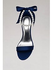 preiswerte Cocktail-Marineblaue Satin-High-Heel-Sandalen für Damen – Perlen-Stiletto-Absätze mit Knöchelriemen und Schleife für Hochzeiten, elegante Cocktailpartys und besondere Anlässe