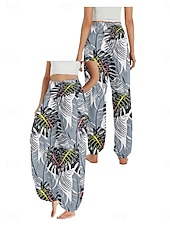 economico Pantaloni in cotone e lino con grafica-Per donna Pantaloni ispirati al lino Gamba larga Pantaloni Stile Etnico Casual Boho Lunghezza intera Vita Alta Floreale Foglia Tropicale Tasca Elastico in vita Stampa Traspirabilità Morbido