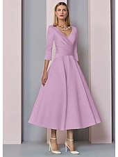 voordelige Vloerlengte-Strand Bruiloft A-Lijn Gouden Jurken Moeder van de Bruid Jurk Bruiloft Gast Elegante Vintage Plus Size V Hals Thee Lengte Satin 3/4 Lengte Mouw met Plissé dress to impress 2025 gratis op maat gemaakt