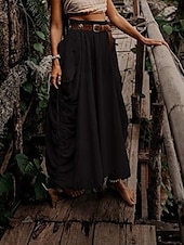 economico Pantaloni-Per donna Gonna Casual Boho Maxi Vita media Gonne Semplice Tasca Micro-elastico Vacanza Uscire Nero Verde militare Rosso Zenzero Estate Cotone Lino