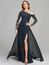 preiswerte Bodenlänge-Etuikleid Mutter der Braut Kleid formell elegant ein Schulter bodenlang Chiffon Langarm mit Spitze einfarbig 2025