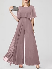 baratos Macacões da mamãe-Jumpsuits para Convidadas de Casamento Elegantes Formais Comprimento Longo Mangas Curtas Decote Joaninha Chiffon com Franjas 2025 tamanho personalizado gratuito