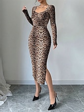 abordables Arte&amp;Diseño Vestido-Mujer Vestido Midi Vestido informal Vestido Estampado Moda Clásico Moderno Exterior Vacaciones Festivos Ajuste regular Leopardo Manga Larga Escote en Pico Marrón Verano Primavera