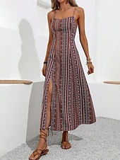 abordables Robe Boho-Femmes Robe Midi Robe Décontractée Robe d&#039;été Robe Nuisette Robe bohème Élégant Mode Moderne Quotidien Plage Week-end Coupe régulière Rayé Sans manches Col en V Rouge Vert Été