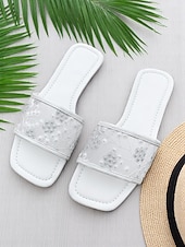 cheap Slide Sandals-Women's White Embroidered Mesh Slide Sandals – Floral Lace Design, Square Toe, Romantic Beach Style for Summer Vacations and Casual Wear
