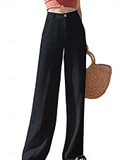 cheap Plain Cotton Linen Pant-Women&#039;s Wide Leg Baggy Pants Solid Color Fashion Basic Full Length High Waist Plain Pocket Comfort Outdoor Micro-elastic Vacation Street Daily Deep Green Black White Summer Spring Regular Fit