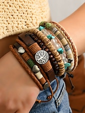 cheap Women&#039;s Bracelet-Boho Leather and Bead Bracelet Set for Men and Women – Adjustable Friendship, Tree of Life Charm – Vintage Handmade Tribal Accessories for Casual Wear, Festivals and Daily Fashion