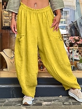 baratos Calça de linho de algodão simples-Calças Baggy Femininas de Pernas Largas de Cor Sólida Moda Bloomers Básico Comprimento Total Cintura Média Lisa com Bolso Cintura Elástica Conforto ao Ar Livre Microelástico Férias Rua Diário Dourado