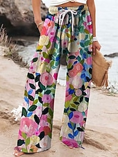 ieftine picior lat și talie înaltă-Pentru femei Picior Larg chinez Pantaloni largi Vacanță Modă De Bază Lungime totală Talie Înaltă Floral Grafic Imprimare Termic cald Respirabil Απαλό Micro-elastic Oficial Vacanță Stradă Roz