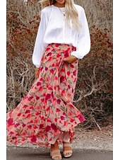 abordables Jupes graphiques-Femmes Jupe Mode Maxi Taille Basse Jupes Fleuri Imprimé Micro-Élastique Vacances Rue Rose Été Polyester