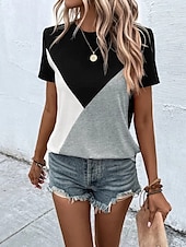 abordables T-shirt rayé et géométrique-Femmes Chemisier Géométrique Occasionnel Chaussures de plage Manche Courte Col ras du cou Hauts Réguliers Quotidien Imprimé Rose Claire Fuchsia Vert Gris Été Printemps