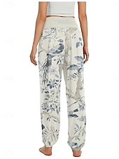 billiga Grafisk linnebyxa i bomull-Dam Linneinspirerade byxor Brett skaft Byxor Etnisk Stil Ledigt Boho Fullängd Hög midja Blommig Ficka Elastisk midja Tryck Mateial som andas Mjuk Microelastisk Utomhus Yoga Flodblå Blå Grön Beige