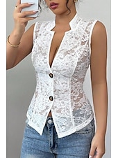 cheap Lace Tops-Women&#039;s Blouse Lace Tops Plain Elegant Modern Sleeveless V Neck Regular Tops Daily Holiday Going out Lace White Summer