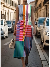 levne Pruhované a geometrické šaty-Dámské Midi šaty Plášťové šaty Bodycon šaty Formální Semiformální šaty Kancelář Denní Běžný Grafika Geometrický Bez rukávů Tričkový Rubínově červená Světle fialová Trávová zelená Khaki Léto Jaro