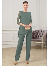 abordables Combinaisons pour maman-Combinaison  Tailleur Mère de la Mariée Élégant Col Bijou Longueur Sol Chiffon Manches Mi-Longues avec Ruching taille personnalisée gratuite