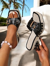 cheap Vacation Sandals-Women&#039;s White Buckle Wedge Sandals – Retro Studded Platform Slide Shoes for Beach, Cruise &amp; Daily Wear