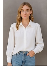 cheap Lace Tops-Women&#039;s Shirt Plain Basic Modern Long Sleeve Shirt Collar Regular Tops Daily Holiday Buttons White Summer