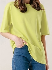abordables Chemises-Femmes Chemise en lin Chemisier Uni Occasionnel Manche Courte Col ras du cou Hauts Réguliers Quotidien Fête Sortir Noir Jaune Rose Claire Abricot Été