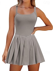 cheap Women&#039;s Tennis Dress-US Open Women&#039;s Tennis Dress with Shorts Sports Dress Sleeveless Pleated Breathable Tennis Golf Pickleball Square Neck Solid Colored Dress Black Blue Dark Green Tennis Clothing