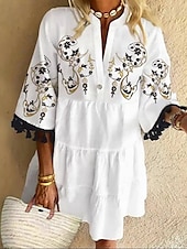 abordables Robes de vacances-Femmes Mini Robe Robe Décontractée Robe Fleurie Robe d&#039;été Mode Moderne Quotidien Plage Week-end Coupe régulière Fleuri Manche 3/4 Col en V Noir Blanche Jaune Rouge Été