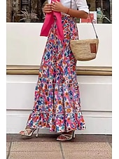 cheap Graphic Skirts-Women&#039;s Skirt Bohemia Fashion Boho Maxi Mid Rise Skirts Floral Print Micro-elastic Vacation Street Fuchsia Summer Polyester