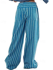 voordelige wijde pijpen en hoge taille-Dames broek Broeken Casual Volledige lengte Natuurlijk Gestreept Zak Elastisch ontwerp met trekkoord Comfortabel Voor buiten Uitgaan Weekend Rood Perzik Pauw Blauw Hyacinth Zwart Zomer Normale pasvorm