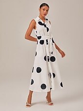 preiswerte Blumenkleider-Damen blusenkleid Saum Maxi Maxidress Weiß Ärmellos Punkt Tasche Bindegürtel Sommer Kargen Casual S M L
