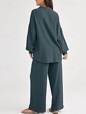 billiga Uppsättningar-Dam Mode Streetwear Skjorta Tvådelade set Byxuppsättningar Långärmad Tröjkrage Ensfärgat Snörning Dagliga kläder Datum Svart Vin Armégrön Vår Normal