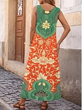 levne Boho šaty-Dámské Maxi šaty Áčkové šaty Letní šaty Šaty na rameno prázdniny Na běžné nošení Párty Rande Běžný Květinový Grafika Bez rukávů Hranatý Černá Oranžová Trávová zelená Léto Jaro