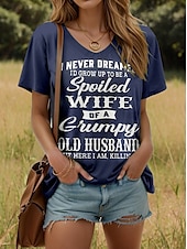 billige Humor og sitater t-skjorte-Dame T skjorte Grafisk Bokstaver Stilfull Klassisk Fritid Kortermet V-hals Vanlige topper Daglig Helg Trykt mønster Navyblå Sommer Vår