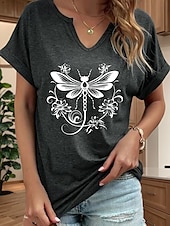 billige Kunst &amp; Design t-skjorte-Dame T skjorte Blomstret Grafisk Dyr Bohem Årgang Stilfull Kortermet Hals med hakk Vanlige topper Daglig Helg Trykt mønster Grå Sommer Vår