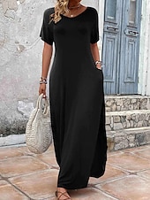 abordables Robe Simple-Robe maxi femme robe d&#039;été couleur unie décontractée quotidienne vacances ajustement régulier plain manches courtes col en V noir rose violet vert été
