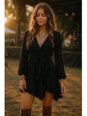 preiswerte Einfaches Kleid-Damen Boho Kleid Western Kleid Mini Kleid Wickelkleid A-Linien Kleid Lässig Outdoor Ausgehen Strand Standard Passform Einfarbig Langarm V-Ausschnitt Schwarz Sommer