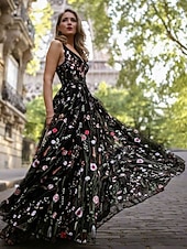 levne Plesové šaty-A-line quinceanera šaty elegantní šaty svatební šaty pro svatební hosty dlouhé šaty bez rukávů výstřih do V polyester bez zad s květinovým potiskem kde jsou sklady
