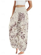 billiga Grafisk linnebyxa i bomull-Dam Linneinspirerade byxor Brett skaft Byxor Etnisk Stil Ledigt Boho Fullängd Hög midja Blommig Ficka Elastisk midja Tryck Mateial som andas Mjuk Microelastisk Utomhus Yoga Flodblå Blå Grön Beige
