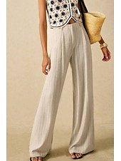 abordables Pantalon uni en coton et lin-Femmes Pantalon en coton et lin Slacks Mode Streetwear Longueur complète Naturel Rayé Avec Poches Confortable Sortir Week-end Abricot Été Coupe régulière