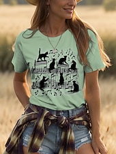 abordables T-shirt Animaux-Femmes T-shirt Graphique Animal Chat ancien Élégant Classique Manche Courte Col ras du cou Col rond Hauts Réguliers Quotidien Week-end Imprimé Noir Blanche Rose Claire Bleu Vert Été Printemps