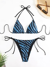 abordables Ensemble de bikinis-Femmes Maillots de Bain Bikini 2 pièces Maillot de bain Dos nu Tropical Tenues de plage Motif Zèbre Col Halter Sans manches Maillots de bain