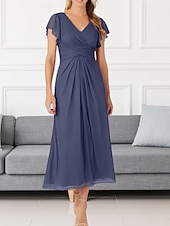 cheap Wedding Guest Dresses-A-Line Wedding Guest Dresses Elegant Dress Wedding Guest Engagement Tea Length Short Sleeve V Neck Chiffon with Pleats Ruched