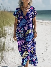 abordables Robes-Femmes Robe Longue Maxi Robe Robes en coton et lin Robe Décontractée Robe bohème Robe occidentale Mode Extérieur Soirée Fête Coupe régulière Fleur Manche Courte Col en V Noir Bleu Violet Marron Été