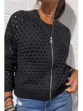 preiswerte Jacken-Damen Bluse Einfach Basic Modern Langarm Rundhalsausschnitt Normale Oberteile Täglich Ferien Ausgehen Reißverschluss Schwarz Weiß Rosa Wein Armeegrün Sommer