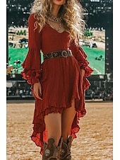 ieftine Rochii Boho-Pentru femei Rochie Mini Rochie Boho Rochie occidentală Modă Clasic Modern În aer liber Concediu Ieșire Fit regulat Simplu Manșon Lung În V Roșu-aprins Vară