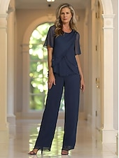 abordables Costumes-pantalons pour maman-Combinaison deux pièces  Robe de mère de la mariée élégante à encolure ras du cou en chiffon à manches courtes avec broderie en dentelle et volants en cascade