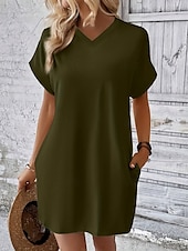 preiswerte Weißes Kleid-Damen Mini Kleid T-Shirt Kleid Tee Kleid einfarbig Sommer Kleid lässig täglich reguläre Passform Grafik Kurzarm V-Ausschnitt Schwarz Rot Olivgrün Aprikose Sommer
