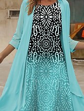 ieftine Rochie boho-Set Rochie pentru Femei Rochie Midi Rochie de Vară Casual Semi Formal Ombre Grafic Print Mânecă 3/4 Decolteu Crew Zilnic Vacanță Verde Vară Primăvară Fit Regulatr