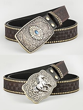 cheap Men&#039;s Belts-Men&#039;s Western Style Leather Belt with Eagle Buckle – Vintage Embossed Design with Rivets, Ideal for Casual and Country Wear