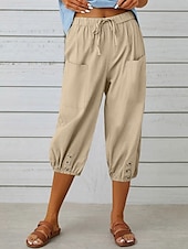 cheap Plain Cotton Linen Pant-Women&#039;s Capri Pants Solid Color Chinos Fashion Ethnic Style Basic Calf-Length High Waist Plain Pocket Drawstring Comfort Outdoor Micro-elastic Vacation Street Daily Black White Khaki Light Blue