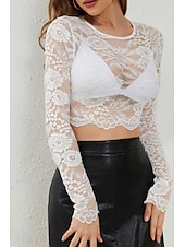 olcso Csipkés felsők-Női Blúz Csipke felsők Sima Elegáns Stílusos Hosszú ujj Terített nyak Crop Tops Napi Alkalmi Csipke Fehér Lóhere Nyár